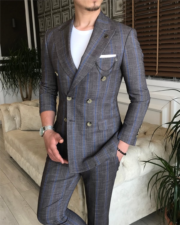 İtalyan stil slim fit kruvaze ceket pantolon takım elbise kahverengi T6080 · 8