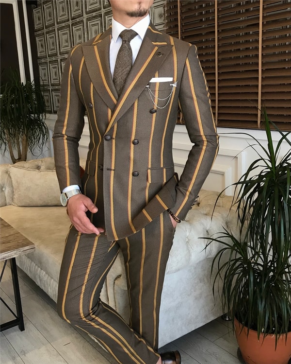 İtalyan stil slim fit kruvaze ceket pantolon takım elbise kahverengi T6071 · 5
