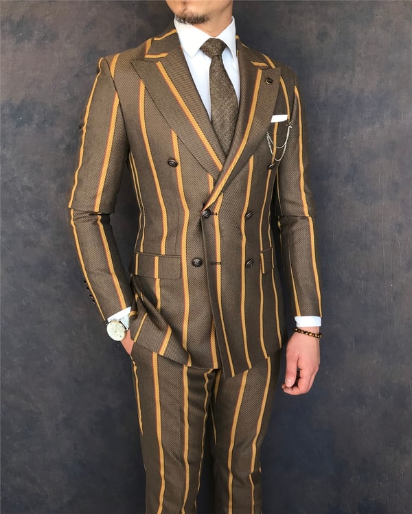 İtalyan stil slim fit kruvaze ceket pantolon takım elbise kahverengi T6071 · 6