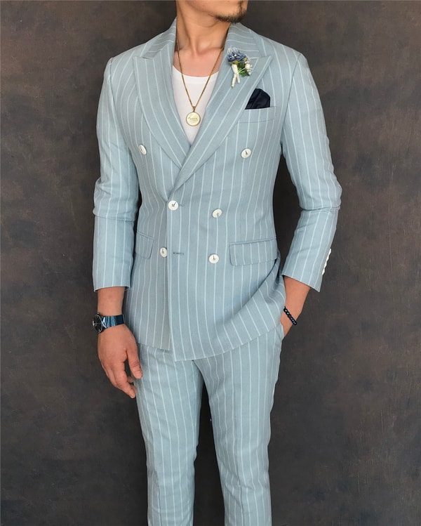 İtalyan stil slim fit kruvaze ceket pantolon takım elbise buz mavisi T6079 · 3