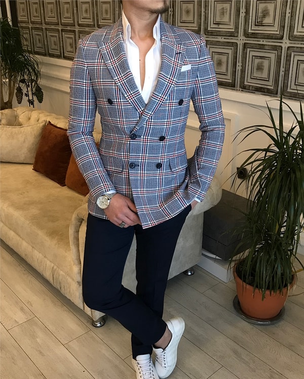 İtalyan stil slim fit kruvaze ekose blazer tek ceket Lacivert T5469