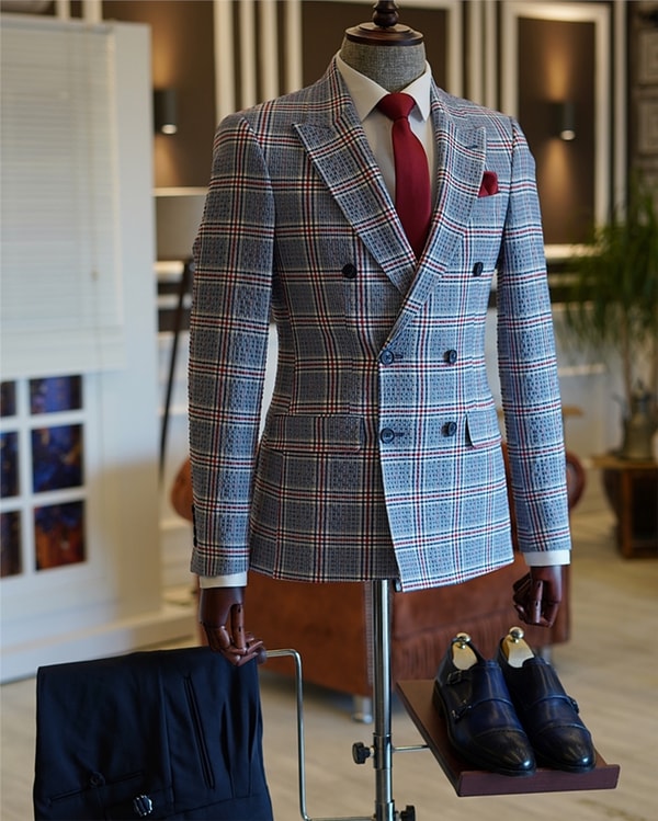 İtalyan stil slim fit kruvaze ekose blazer tek ceket Lacivert T5469 · 4