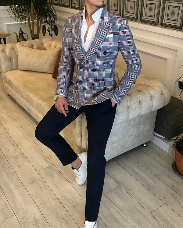 İtalyan stil slim fit kruvaze ekose blazer tek ceket Lacivert T5469 · 3