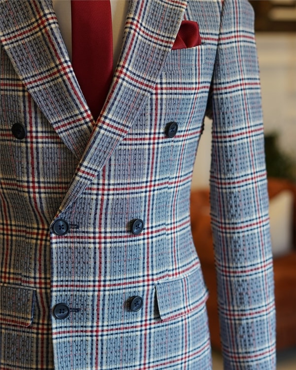 İtalyan stil slim fit kruvaze ekose blazer tek ceket Lacivert T5469 · 5