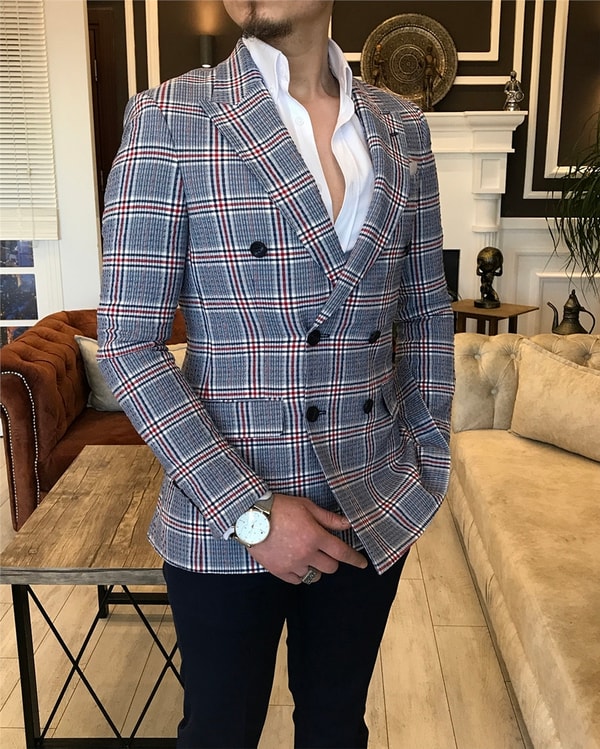 İtalyan stil slim fit kruvaze ekose blazer tek ceket Lacivert T5469 · 2