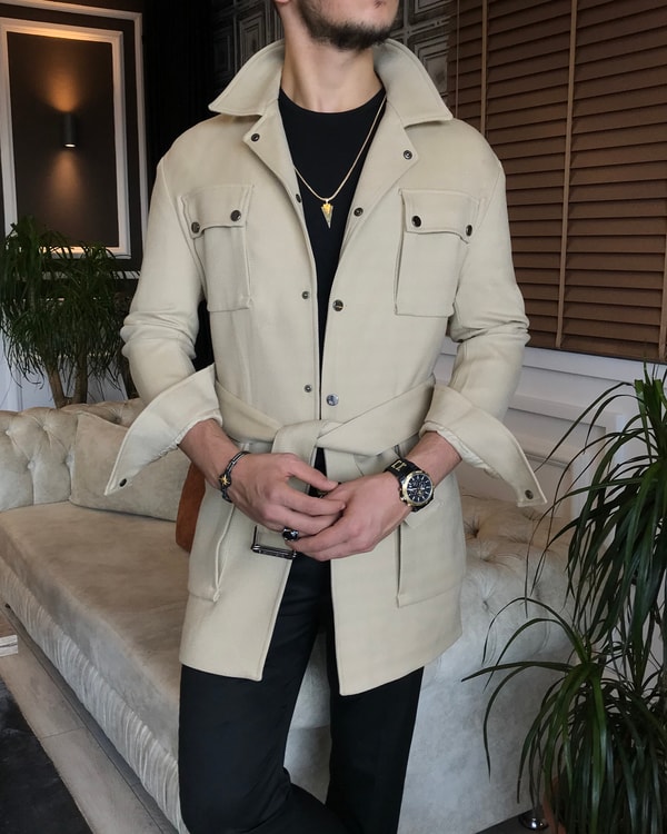 İtalyan stil slim fit mevsimlik erkek trençkot mont bej T6291 · 3