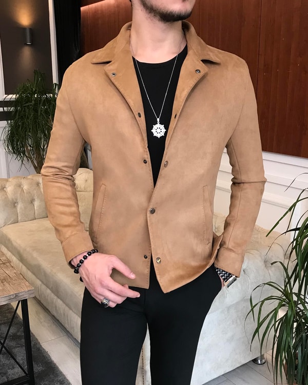 İtalyan stil slim fit mevsimlik erkek süet mont ince ceket Bej  T6504 · 3