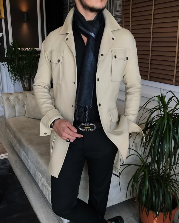 İtalyan stil slim fit mevsimlik erkek trençkot mont bej T6291 · 5