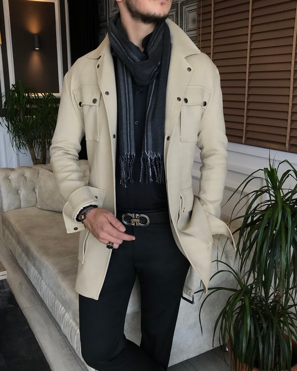 İtalyan stil slim fit mevsimlik erkek trençkot mont bej T6291 · 6