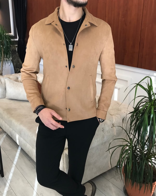 İtalyan stil slim fit mevsimlik erkek süet mont ince ceket Bej T6504