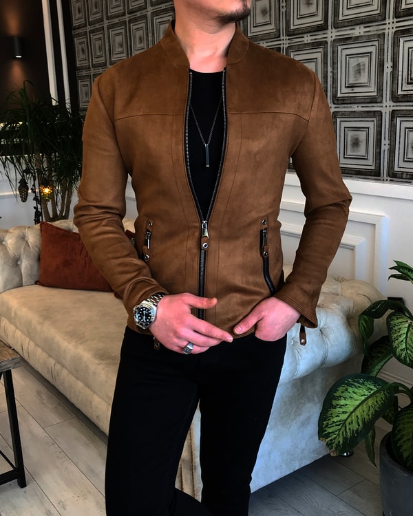 İtalyan stil slim fit mevsimlik erkek süet mont ince ceket açık kahve T5161 · 3