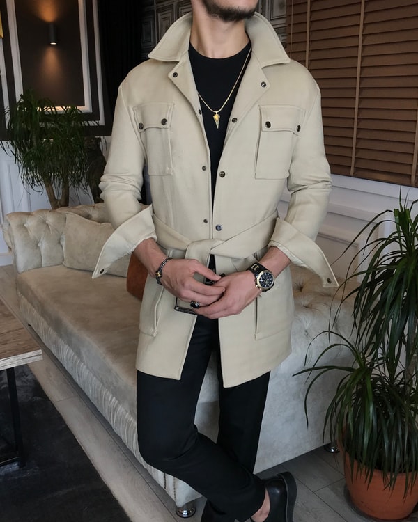 İtalyan stil slim fit mevsimlik erkek trençkot mont bej T6291 · 2