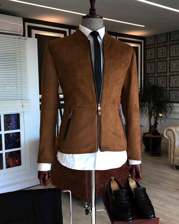 İtalyan stil slim fit mevsimlik erkek süet mont ince ceket açık kahve T5161