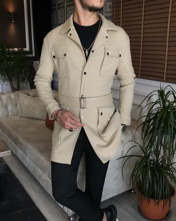 İtalyan stil slim fit mevsimlik erkek trençkot mont bej T6291 · 4