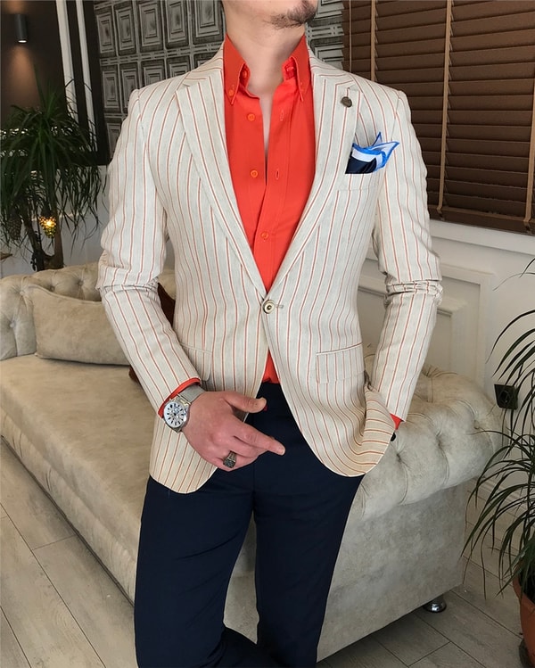 İtalyan stil slim fit mono yaka erkek blazer tek ceket Krem T5873