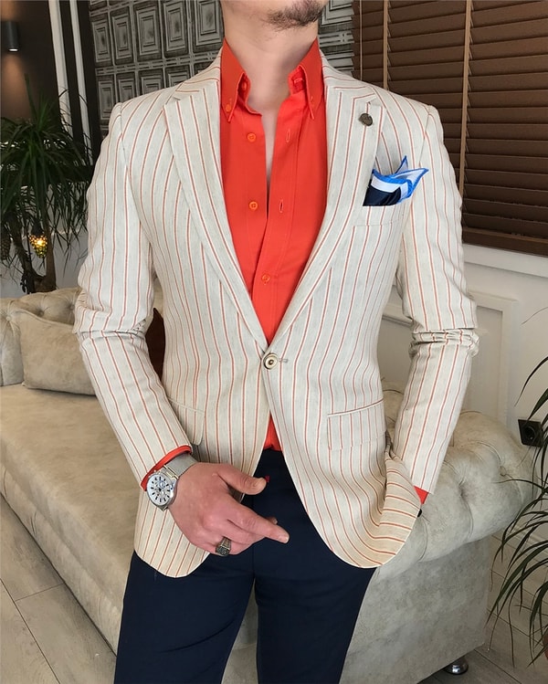 İtalyan stil slim fit mono yaka erkek blazer tek ceket Krem T5873 · 2