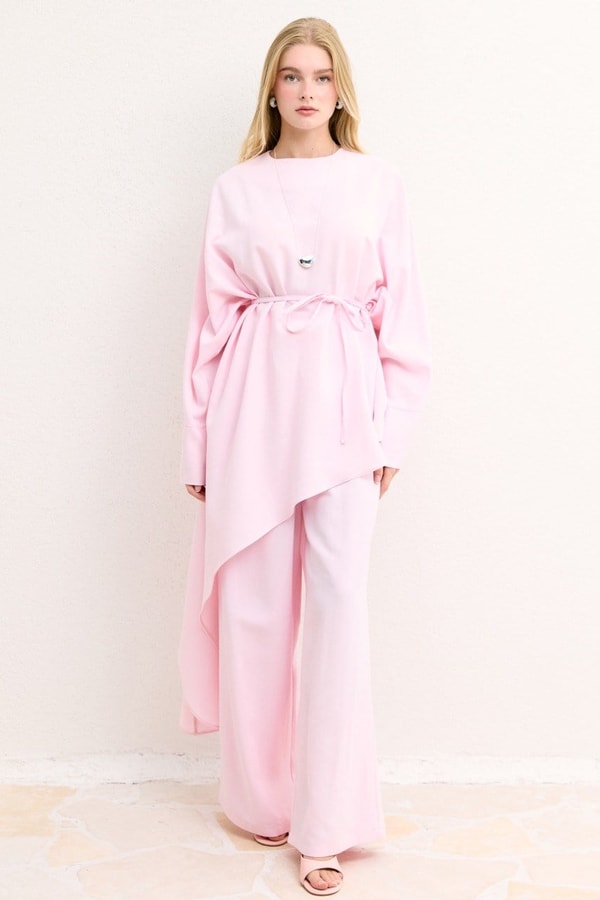 Asimetrik Kuşaklı Pantolon Takım - Pembe