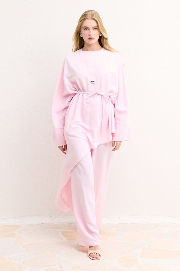 Asimetrik Kuşaklı Pantolon Takım - Pembe