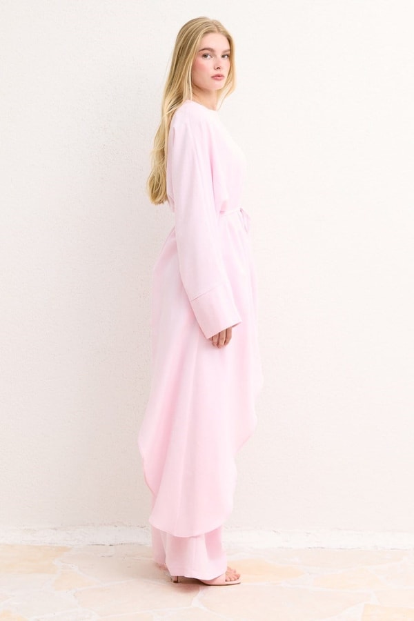Asimetrik Kuşaklı Pantolon Takım - Pembe