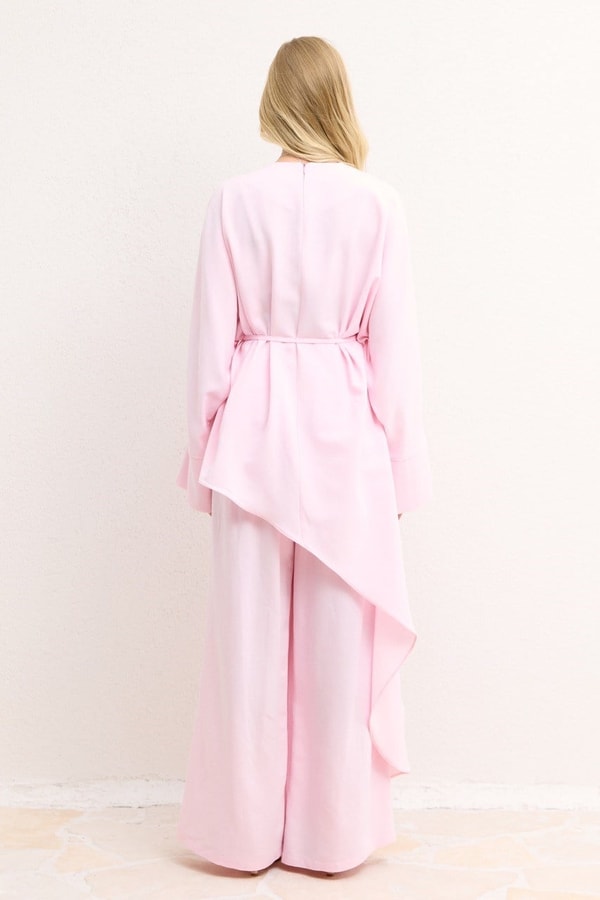 Asimetrik Kuşaklı Pantolon Takım - Pembe