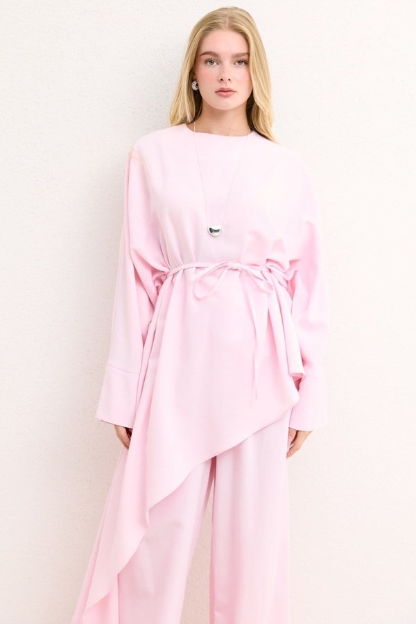 Asimetrik Kuşaklı Pantolon Takım - Pembe