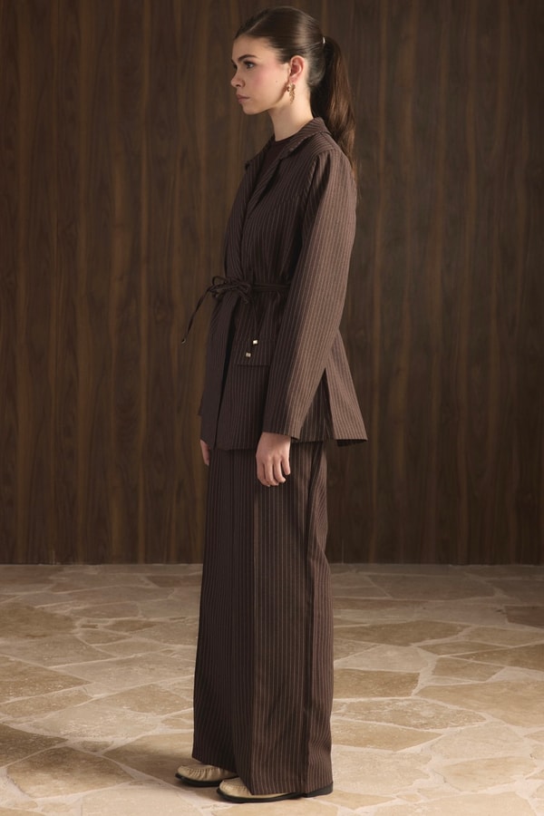 Bel Bağlamalı Blazer Ceket Takım - Acı Kahve