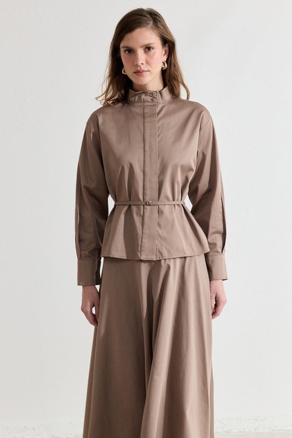 Bel Detaylı Compact Saten Etek Takım - Camel