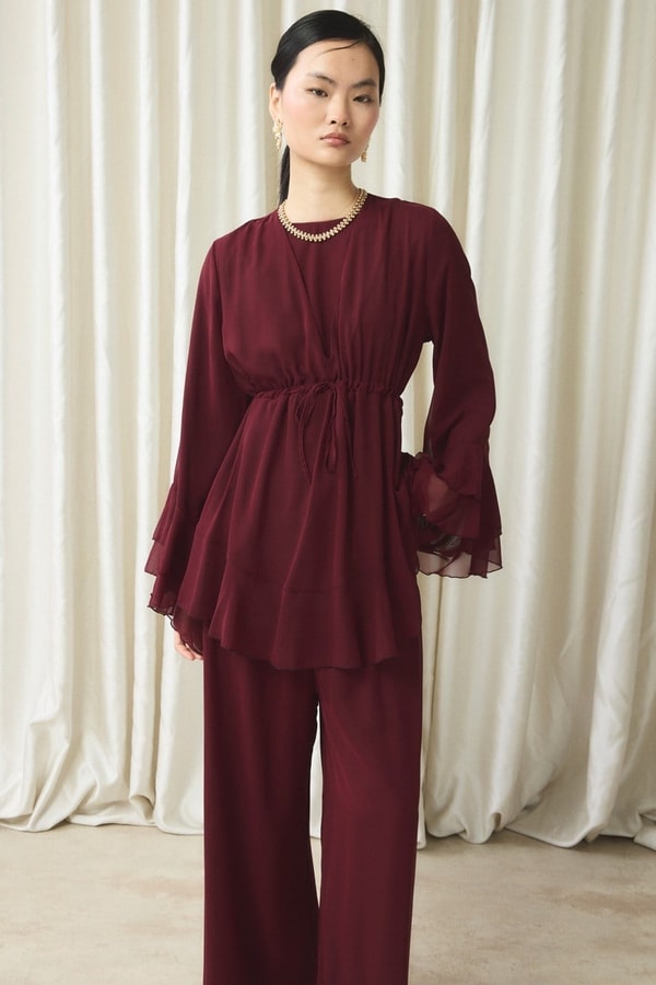 Bel Tünelli Şifon Takım - Bordo