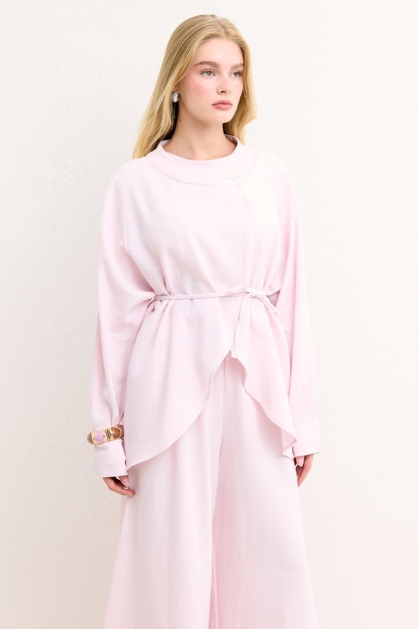Çapraz Kapamalı Pantolon Takım - Pembe