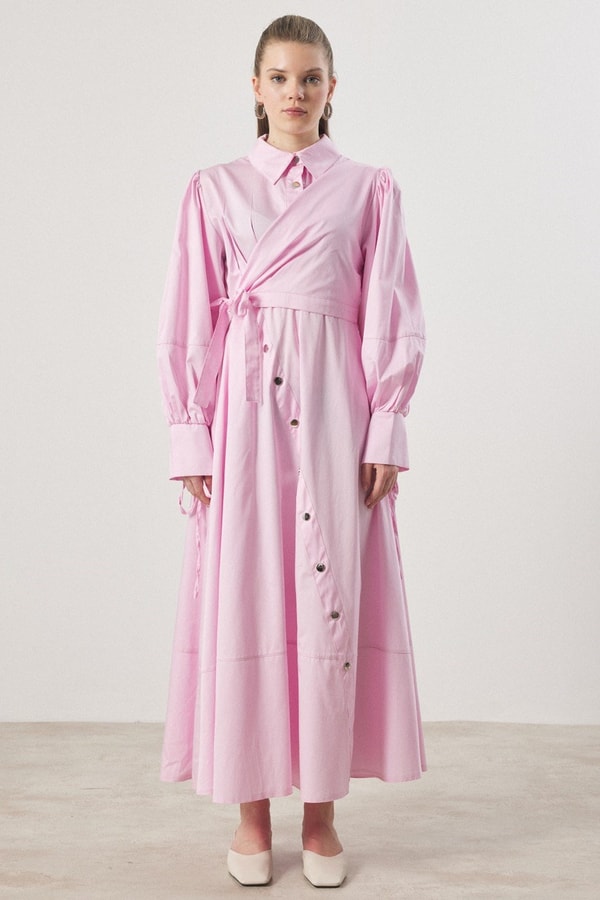 Çıtçıt Detaylı Compact Saten Elbise - Pembe