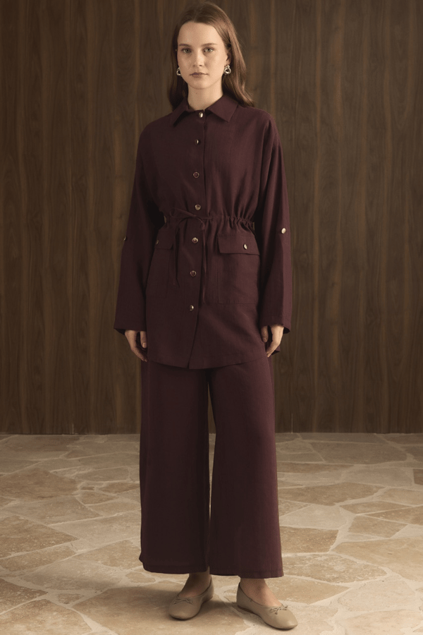 Çıtçıt Detaylı Pantolonlu Takım - Bordo