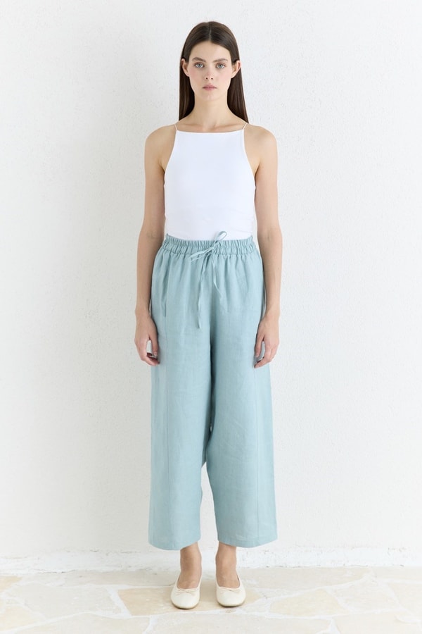 Düz Kesim Organik Keten Pantolon - Mavi