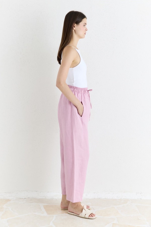 Düz Kesim Organik Keten Pantolon - Pembe