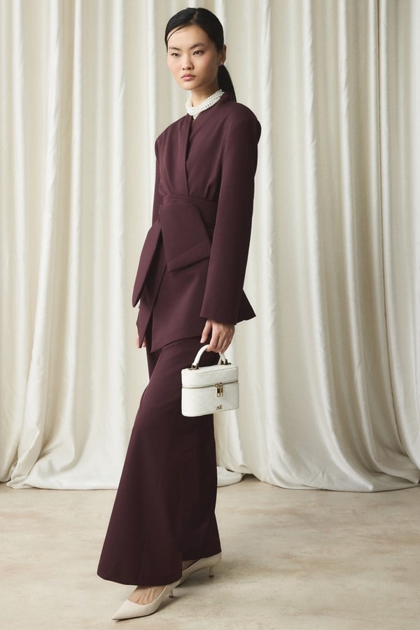 Fular Yaka Blazer Ceket Takım - Bordo