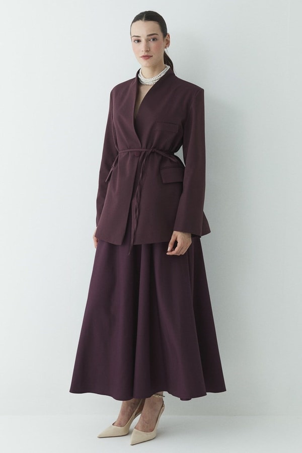 Fularlı Double Blazer Ceket - Bordo