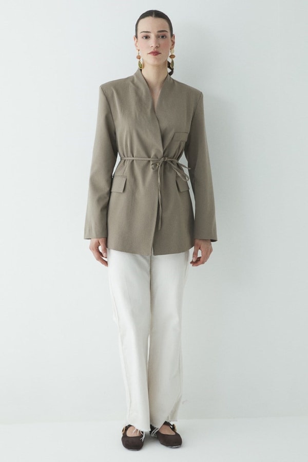 Fularlı Double Blazer Ceket - Çağla