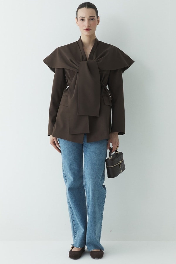 Fularlı Double Blazer Ceket - Kahve