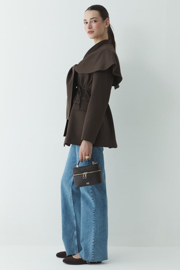Fularlı Double Blazer Ceket - Kahve