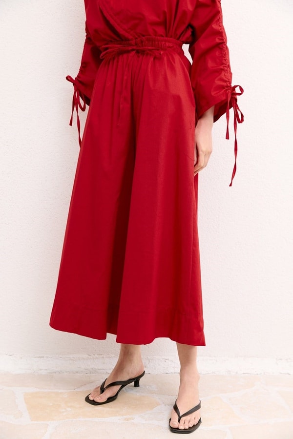 Geniş Paça Poplin Basic Pantolon - Kırmızı