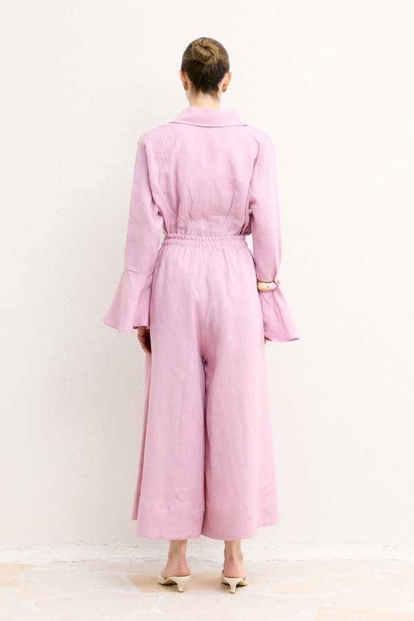 Geniş Paçalı Organik Keten Pantolon - Pembe