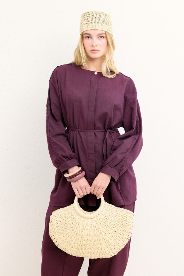 Kol Güpür Detaylı Keten Takım - Mürdüm