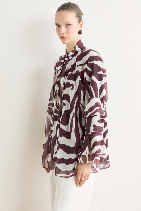 Kol Volanlı Baskılı Şifon Gömlek - Bordo