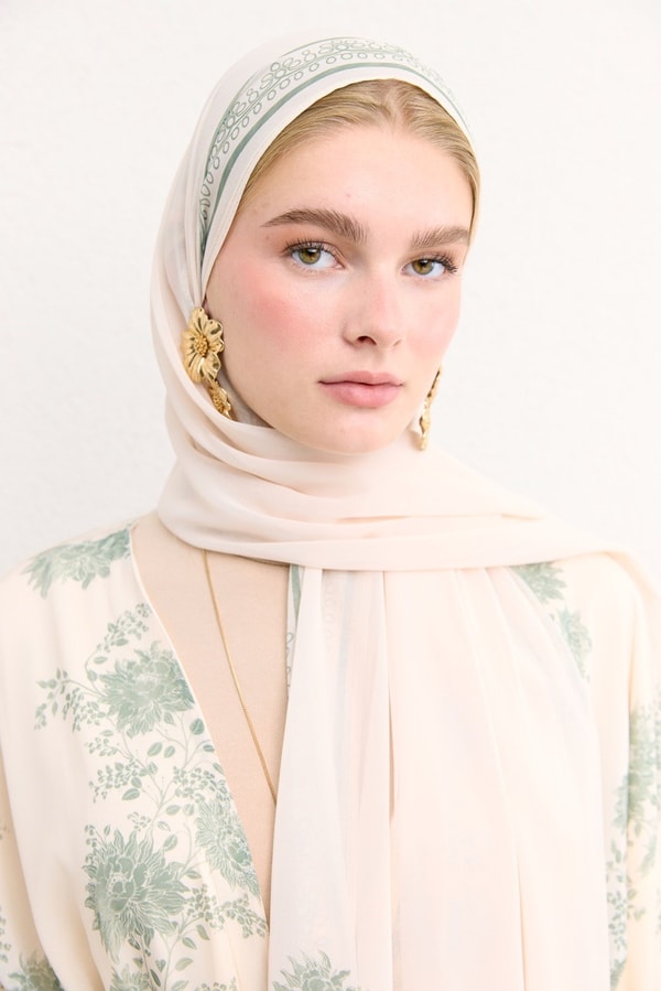 Mela Desenli Şallı Abaya - Bej