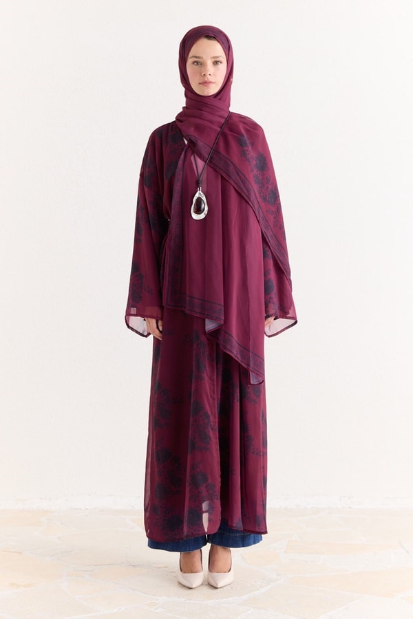 Mela Desenli Şallı Abaya - Bordo