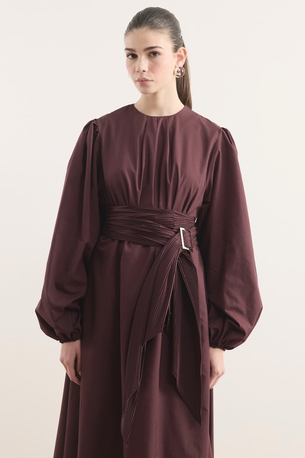 Pilise Kemerli Dacron Elbise - Bordo
