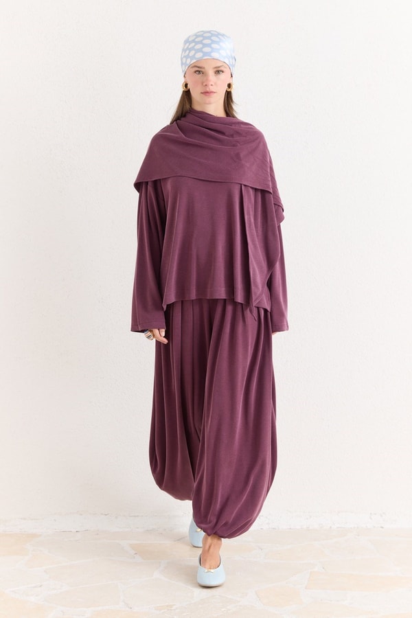 Şal Detaylı Pantolonlu Takım - Mürdüm