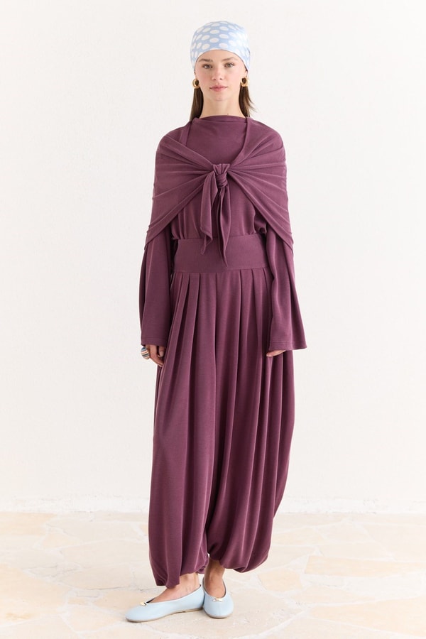 Şal Detaylı Pantolonlu Takım - Mürdüm