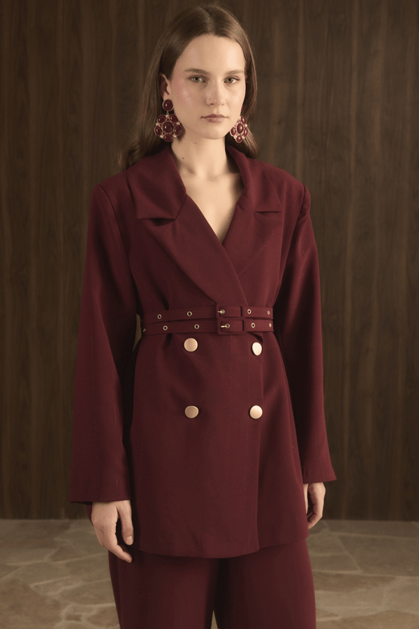 Veranka Kemerli  Blazer Ceket Takım - Bordo