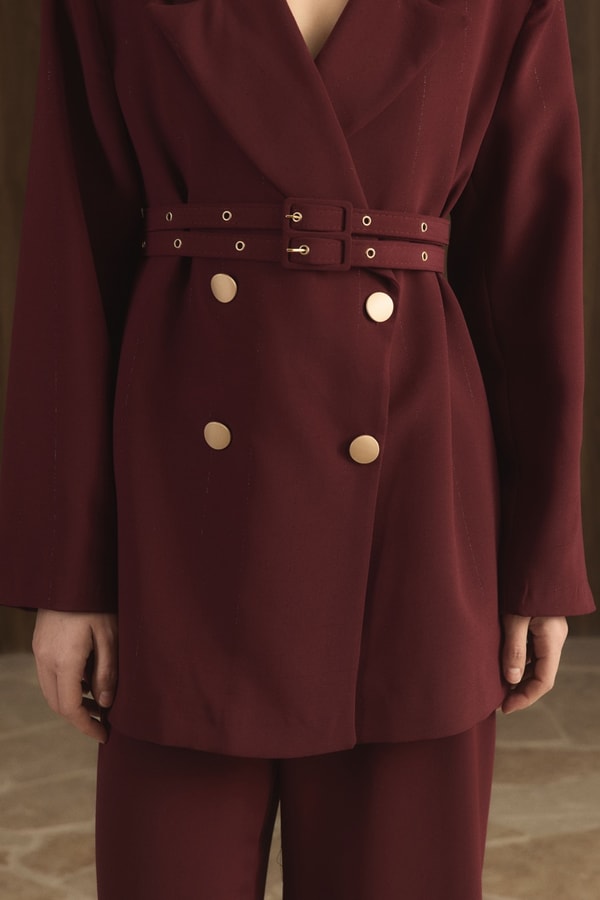 Veranka Kemerli  Blazer Ceket Takım - Bordo