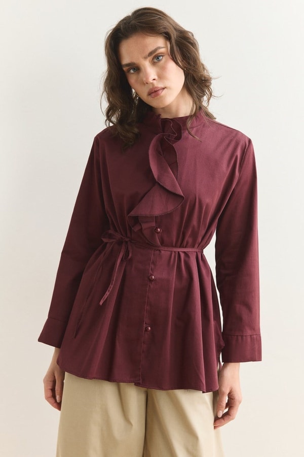 Yaka Volanlı Compact Saten Gömlek - Bordo